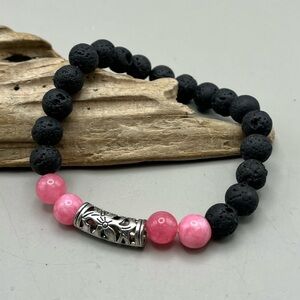 Silver Tone Pink and Black Lava Beads Stretchy Bracelet Boho Chic Essential Oil